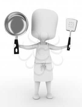 3D Illustration of a Man in Apron Holding Cooking Tools