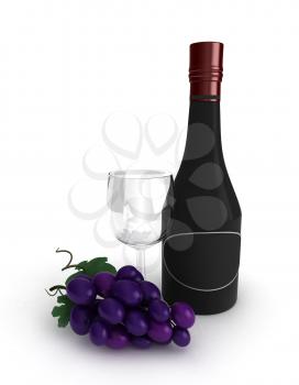 3D Illustration of a Wine Glass, a Bottle of Wine, and a Bunch of Grapes