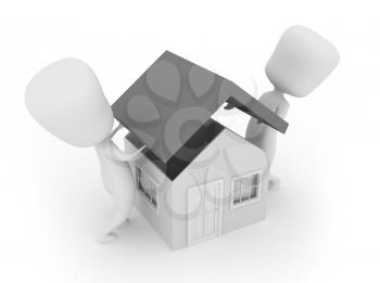 3D Illustration of Two Men Putting the Roof of a House