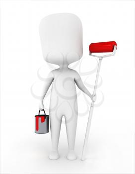 3D Illustration of a Man Carrying a Paintbrush and a Bucket of Paint