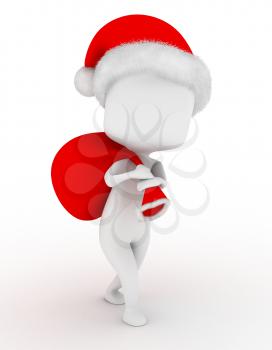 3D Illustration of a Man in Santa Claus Costume Carrying a Bag of Toys