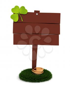 3D Illustration of a Blank Board with Shamrock and some gold coins