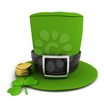3D Illustration of a leprechaun's hat, shamrock and some gold coins