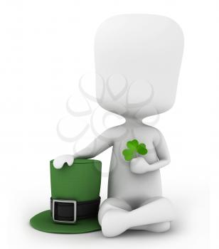3D Illustration of a Man Holding a Leprechaun's Hat and a Shamrock