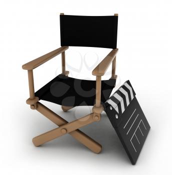 3D Illustration of a Director's Chair with a Clapperboard Beside it