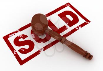 3D Illustration of a Gavel Placed Above the Word Sold