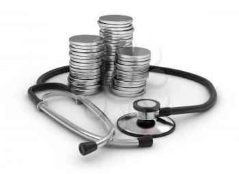 3D Illustration of Coins and a Stethoscope