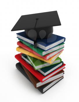 3D Illustration of Books and a Graduation Cap