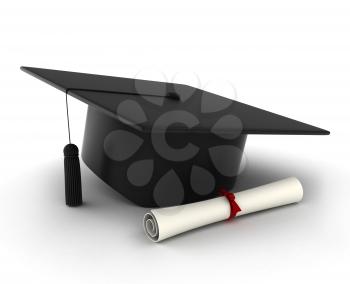 3D Illustration of a Graduation Cap and Diploma