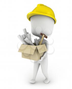 3D Illustration of an Architect Carrying a Box Full of Plans
