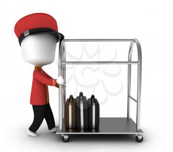 3D Illustration of a Bellboy Pushing a Tray Containing Luggage