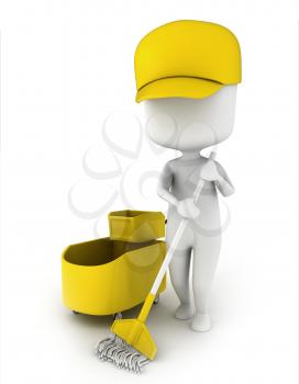 3D Illustration of a Janitor Mopping the Floor