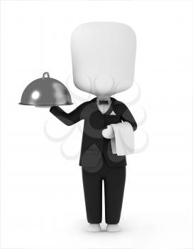 3D Illustration of a Waiter Carrying a Serving Tray and a Towel