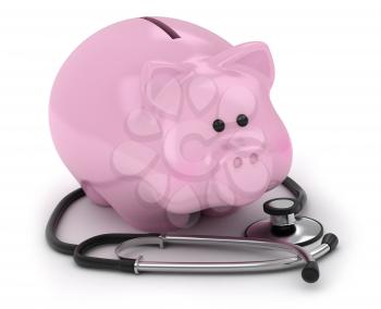 3D Illustration of a Piggy Bank and a Stethoscope