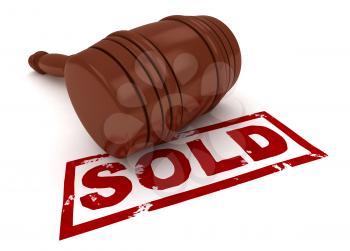 3D Illustration of a Gavel with Sold Under It