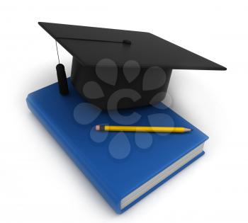 3D Illustration of Graduation Cap Book and Pencil