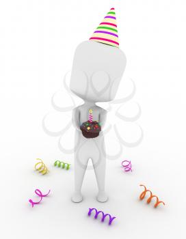 3D Illustration of a Man Holding a Cupcake with a Candle on Top