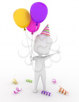 3D Illustration of a Man Wearing a Party Hat Holding Some Colorful Balloons