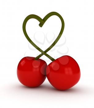 3D Illustration of a Pair of Cherries with Intertwined Stems Forming the Shape of a Heart