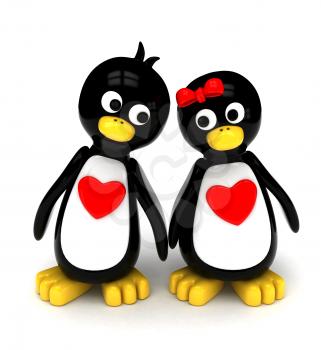 3D Illustration of a Penguin Couple Holding Hands While Walking Side by Side