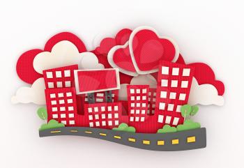 3D Illustration of a Paper Sculpture of a Mini City with Heart-shaped Clouds in the Background