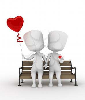 3D Illustration of a Couple Sitting on a Bench with Balloon and Candy