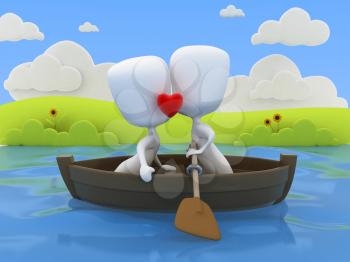 3D Illustration of a Couple Kissing on a Boat