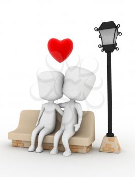 3D Illustration of a Couple Cuddling on a Bench