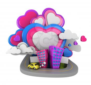 3D Illustration of an Urban Scene with Giant Heart-shaped Clouds in the Background