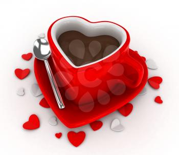 3D Illustration of a Heart-shaped Cup Surrounded by Heart-shaped Pieces of Paper