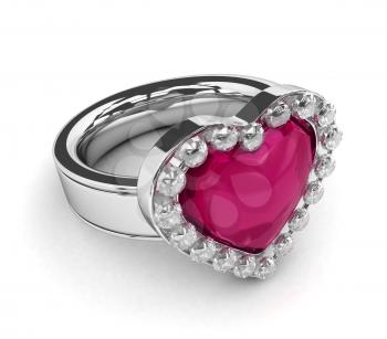 3D Illustration of a Diamond Encrusted Ring with a Heart-shaped Ruby on Top