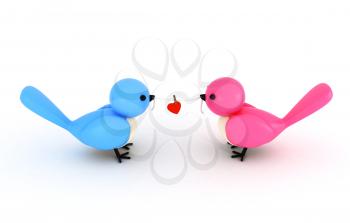 3D Illustration of a Pair of Birds Holding a Piece of String with a Heart Clipped in the Middle