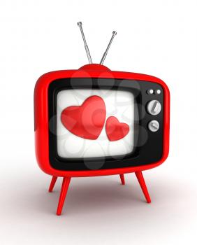 3D Illustration of a Retro Television Set with Hearts Flashing From the Screen