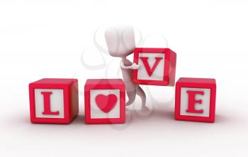 3D Illustration of a Man Arranging Pieces of Blocks to Form the Word Love