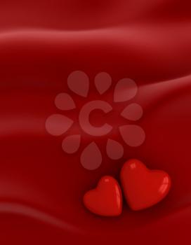 3D Illustration of a Pair of Hearts Against a Satin CLoth Background