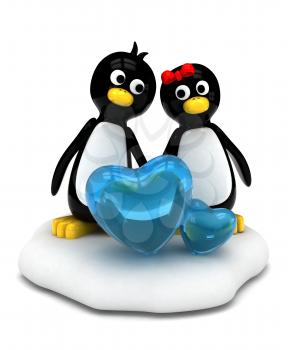 3D Illustration of a Penguin Couple Standing Side by Side on Ice