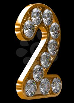 Royalty Free Clipart Image of a Golden Number Two Incrusted With Diamonds