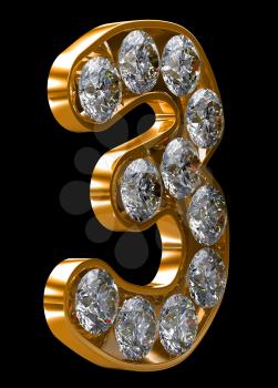 Royalty Free Clipart Image of a Golden Number Three Incrusted With Diamonds