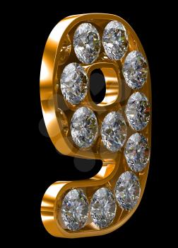 Royalty Free Clipart Image of a Golden Number Nine Incrusted With Diamonds