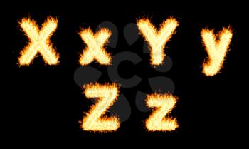 Royalty Free Clipart Image of Burning Letters X, Y and Z
