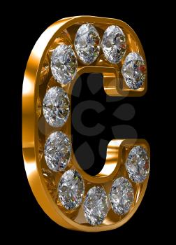 Royalty Free Clipart Image of a Golden Letter C Incrusted With Diamonds