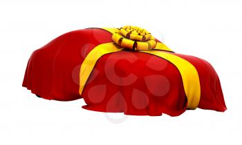 Royalty Free Clipart Image of a Car Wrapped in Cloth