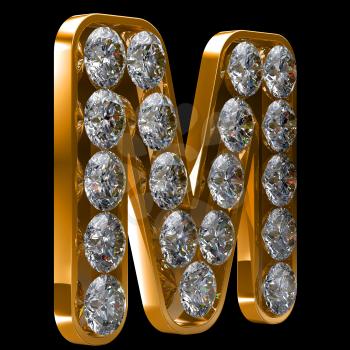 Royalty Free Clipart Image of a Golden Letter M Incrusted With Diamonds