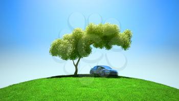 Royalty Free Clipart Image of a Car Parked Under a Tree