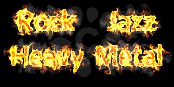 Royalty Free Clipart Image of Rock, Jazz and Heavy metal flaming words over black