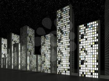 City: Abstract skyscrapers and starry sky at night
