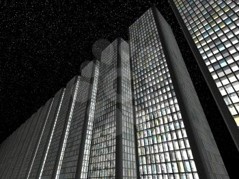 City at night: modern skyscrapers and starry sky