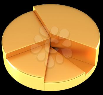 Glossy golden pie chart or circular graph over black background