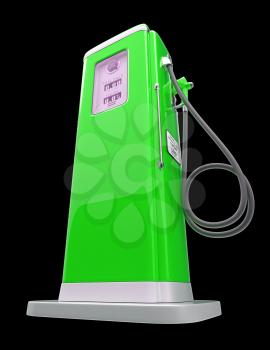 Green gas pump isolated over black background. Bottom side view