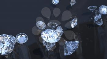 Precious gems: group of diamonds rolling over with reflection
